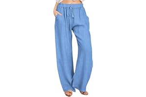 LUOLUOLUO Womens Cotton Linen Trousers UK Sale Clearance, Drawstring High Waist Pants Ladies Plain Yoga Trousers Wide Leg Lounge Pants Running Jogger Palazzo Trousers with Pockets Baggy Sweatpants Streetwear