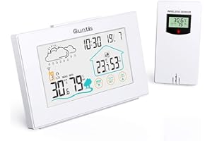 Quntis Wireless Weather Station with Outdoor Sensor, Digital Thermometer Hygrometer with Temperature, Humidity, Weather Forecast, Local Time, Alarm Clock, 3 Channels, Touch Screen for Home - White