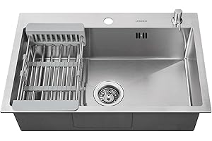Lonheo Evier Cuisine 1 Bac 68 x 45 CM, Evier Inox Grand Bac avec Egouttoir pour Meubles Bas de 80 cm, Lavabo Cuisine avec Trous pour Robinets et Distributeur de Savon