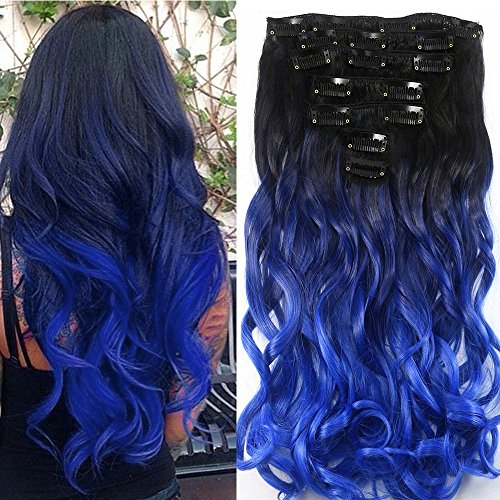 Neverland Ombre Haar Extensions Clip in haar extensions haarverlängerung clips 7pcs Naturschwarz zu Blau