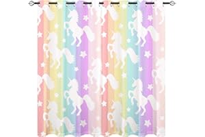 ‎YUANZU YUANZU Weißes Einhorn Vorhänge Mädchen Regenbogen Streifen Ösen Gardinen mit Blickdichte Vorhang Kälteschutz Blackout Curtain Kinderzimmer Schlafzimmer Verdunkelung Fenster, 2 Stück, H 160 x B 132 cm