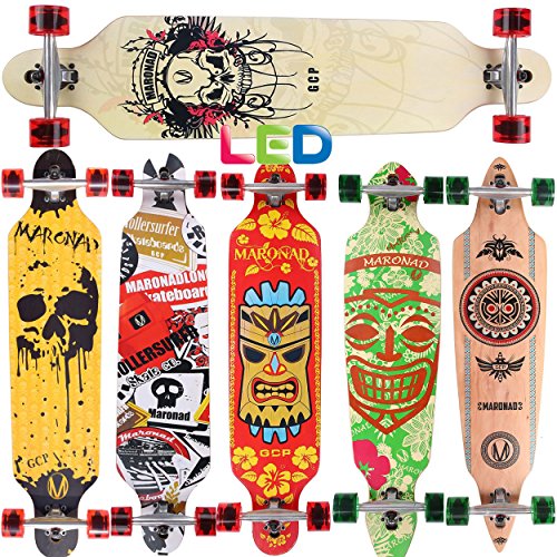 Longboard Skateboard MARONAD drop through Race Cruiser ABEC-11 Skateboard 104x24 cm Streetsurfer patinar FUN, Modell Streetsurfer - Totenkopf mit LED Leuchtrollen