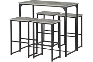 GOKHOMX Bartisch mit 4 Hockern, Set hoher Bartisch mit 4 Hockern, Esstisch für Bar, hoch und Hocker, Tisch für Küche und Stühle, platzsparend, für Haus, Küche, Taverne, Grau