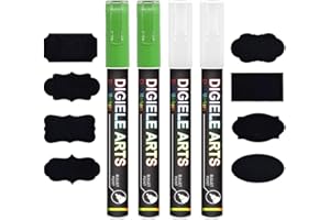 DIGIELE Rotulador Tiza Liquida Blanco + Verde, 3mm 2pcs Blanco + 2pcs Verde Rotuladores de Tiza Líquida + 16 Pizarra Reutilizable Etiquetas, Borrado con Seco y Húmedo, Punta Reversible de Bala/Cincel