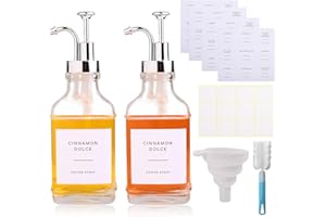 Kqpoinw Distributeur Sirop Bouteille Huile et Vinaigre, Distributeur Huile D'olive, Lot de 2 Distributeur de Sirop en Verre, 500ml, Bouteille de Vinaigrette avec Pompe avec 48pcs Etiquettes