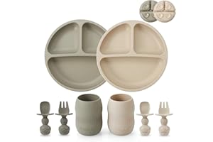 PandaEar Ensemble d'alimentation pour bébé en silicone | Lot de 2 plaques ventouses divisées en silicone et lot de 2 petites tasses avec 2 cuillères et 2 fourchettes| Ustensiles pour bébé (Noyer)