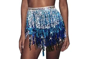 Zookey Sequins Tassel Skirt Belly Dance Skirt Rave Fringe Hip Scarf Costume Dance Mini Wrap Skirts for Women and Girls