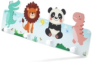 Liangding Perchero Infantil Pared, Colgador de Madera con 4 Ganchos, Percheros con Forma de Animal Dinos para Chaqueta, Mochila, Ganchos de Madera, Regalo Decorativo para Niños 39 x 15 x 5cm