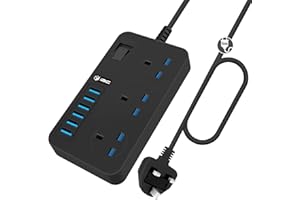 IBLOCKCUBE OFFICIAL Universal/UK Power Strips 3 Way Outlets 6 (3.1A) USB Ports, Surge Protection Socket Switch Portable Charger 5M (16.4FT) UK Plug Wall Adapter Cord, Fuse & Shutter Extension Lead (Deep Black)