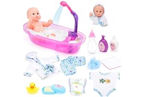 deAO Set da Bagno 13" La Mia Prima Bambola Bebè con Funzioni d'Acqua Reale Set Include Bambola, Vasca da Bagno, Accappatoio e Accessori, Giocattolo Bambole di Ruolo, Regalo per Bambine