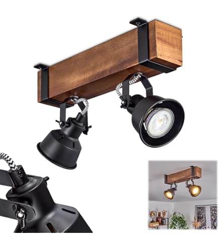 Plafonnier Safari, Plafonnier Moderne En Métal/bois Noir/marron Foncé, Plafonnier Design Industriel Avec Abat-jour Réglable, 2 Flammes, 2 X GU10 Sans Ampoules