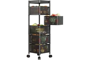 ‎HEIKOECO Heikoeco® Servierwagen, Küchenwagen, platzsparender Rollwagen, drehbarer Servierwagen mit Rollen, Küchenwagen auf Rollen, Bad, Küchen, Büro 5 Ebenen Eckig schwarz 91 * 29 * 29cm