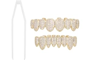 FILFEEL Grills Teeth Set, Hip Hop Custom Fit Polished Teeth for Men and Women, Teeth Decoration for Halloween Party Gift(Gold)