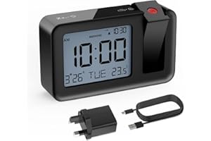 CHEREEKI Projection Alarm Clock, Digital Projector Clock Mains Powered Bedside with Big Digit Display, Indoor Temperature Display, Snooze, 4 Adjustable Brightness for Bedroom, Home(Black)