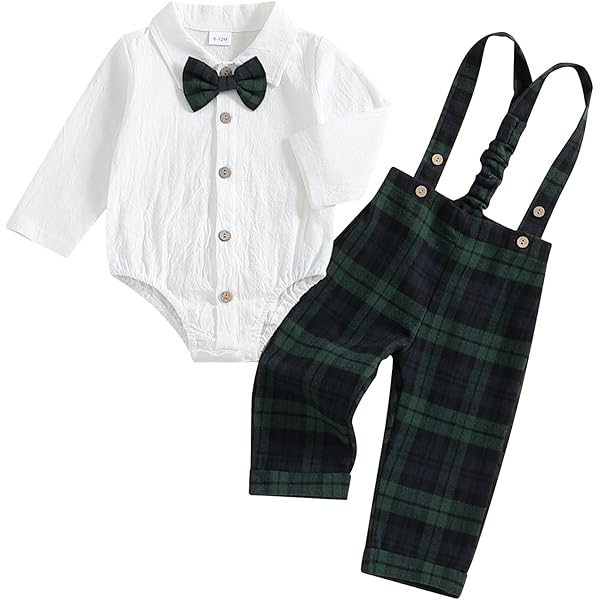 Santikisler Newborn Baby Boy Christmas Outfit Gingerbread Bowtie Long Sleeve Plaid Romper Corduroy Overalls Pants Set Clothes, Red, 3-6 Months - View #5