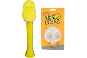 Scrub Daddy Dish Daddy Wand & Connector Head, Soap Dispensing Dish Brush, Texture Changing Washing Up Sponge With Liquid Handle, Handle Sponge with Built-in Scraper, Scrubbing Head & Stand - Yellow