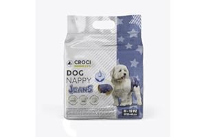 Croci Dog Nappy Jeans - Culotte absorbante pour chiennes, Taille M - Ø 32-44 cm, Couche hygiénique chaleurs et Pipi, Anti-odeurs, jetable, Fermeture adhésive réglable, 12 pcs