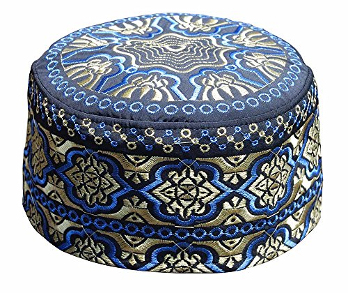 TheKufi Omani Style Arab Kufi Hat Black Base w/Blue Gold Embroidery Islamic (XS)