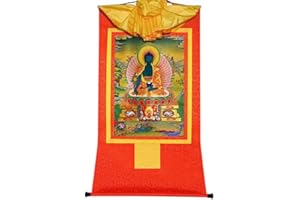 Gandhanra Tibetan Buddhist Thangka Wall Hanging,Bhaisajyaguru Thangka,Medicine Buddha Thangka,Hot Stamped Brocade Buddhist Tapestry for Zen Home Decor, Meditation, Spiritual Relaxation