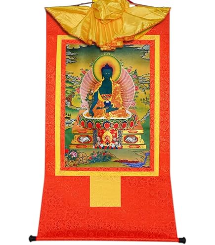 Tapis Mural Bouddha Thangka Tibétain Tara Verte - Dorure Artisanale - Cadre Brocart - Décoration Zen Méditation Peinture Bouddha Dorure