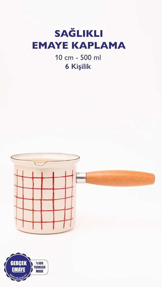 Cupid Kareli Emaye Ahşap Saplı Cezve (500Ml-6 Kişilik)