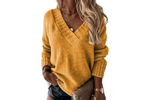 Minetom Femme Pull en Tricot Col en V Pullover Couleur Unie Léger Casual Manches Longues Pull Tricoté Chaud Hauts Chandail Automne Hiver
