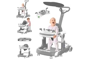 BBTEQEKN Baby Walker, 5-in-1 faltbarer Lauflernwagen mit Rädern, 4-Höhen-Baby-Lauflernwagen mit Schiebegriff, Babywippe, Essenstablett, Sonnenschirm, Lauflernwagen für Jungen Mädchen