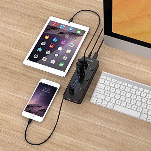 ORICO USB Hub (10 Ports, USB 3.0, 48W) mit Ladeport (2.1A Max), 3 elektronischen Schaltern, 12V 4A Netzteil – schnelles Ladegerät für iPhone iPad Samsung Galaxy – Highspeed Datenhub für Desktop-PC Computer Notebook MacBook iMac - 7