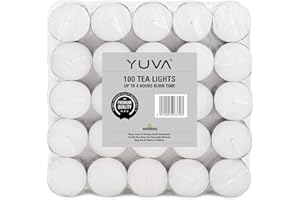 YUVA Tea Light Candles Long Burning Unscented White Wax Candle for Dining and Restuarant (100, 4 Hours 100 Pack)