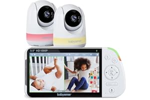 Babysense Moniteur Bébé 5.5” HD 1080p Écran Partagé, Vidéo avec Caméra et Audio, Deux Caméras PTZ, Veilleuse RGB, Portée 300m, Audio Bidirectionnel, Zoom 4X, Batterie 5000mAh