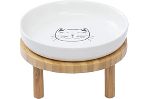 Lusifaco Shallow Elevated Cat Bowls, 15 cm Wide Raised Ceramic Cat Dishes with Bamboo Stand, Whisker Friendly Pet Water or Food Plates Feeding Station for Indoor Cats, Kitten(set of 1))