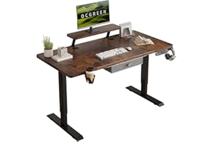 OCGREEN Elektryczne biurko stojące z regulacją wysokości, ergonomiczny stół stojący z tacą na monitor (rustykalny brąz, 140 x 76 cm)