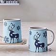 The Earth Store Blue Reindeer Ceramic Coffee Mug Set 300ml, Microwave & Dishwsher Safe Tea/Milk Mug, Ideal for Home, Office, Gifting and Daily Use Set of 2