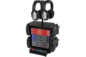 DaMohony Game Storage Tower Stand, Universal Game Holder Rack for PS5/PS4/Xbox Series X/Xbox one/Switch Games with 4 Controller Holders and Drawer, Stores 10 Game (Black)