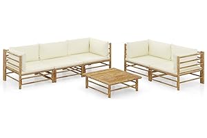 Tidyard Set de Muebles de Jardín 6 Piezas Sofá de jardín Exterior Terraza con Mesa Bambú y Cojines Blanco Crema
