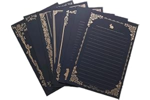 RIKYO Papel de escritura de 80 hojas, color negro, de 5 3/4 x 8 1/4 pulgadas, de encaje dorado, con líneas, papel de letras para oficina, hogar, invitaciones de boda o carta de amor, 8 patrones diferentes