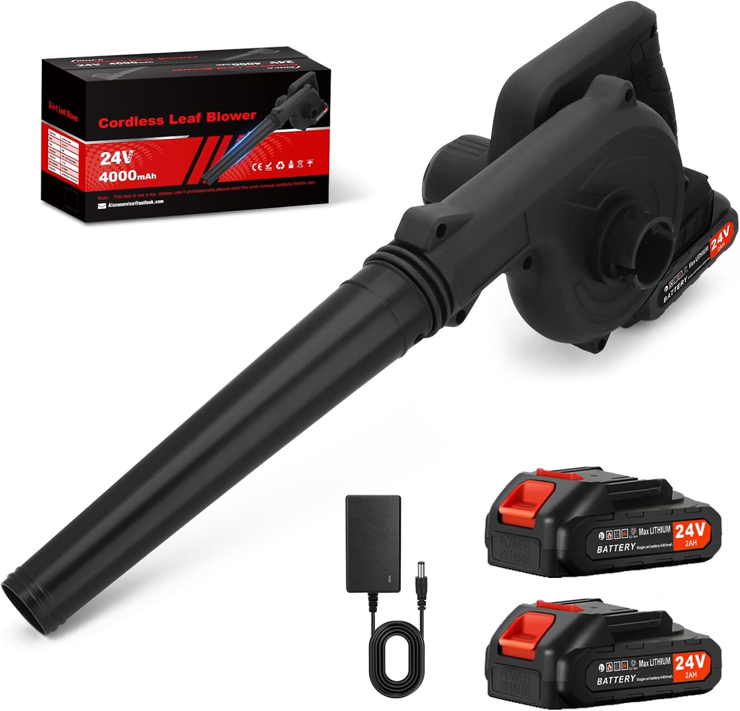 Ykall Soplador de Hojas Inalámbrico 24V – Potente y Ligero, con 2 Baterías y Cargador, Ideal para Jardín, Patio, Césped, Nieve, Polvo y Pelo de Mascotas (Negro)