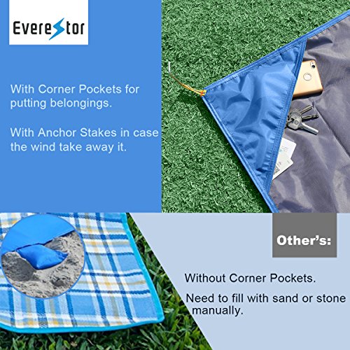 Beach Decke, Everestor Dauerhaft Leicht Tragbar Kompakt Sand & Wasser Beweis Tasche Decke für Outdoor Reise Wandern Camping Picknick Festivals 200cm x 150cm Blau - 5