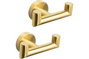 QNIIAED 2 Pcs Double Door Hooks，Bathroom Towel Hooks Screw in SUS 304 Stainless Steel Heavy Duty Robe Coat Hooks Wall Mounted for Bedroom or Kitchen(Brushed Brass Gold)