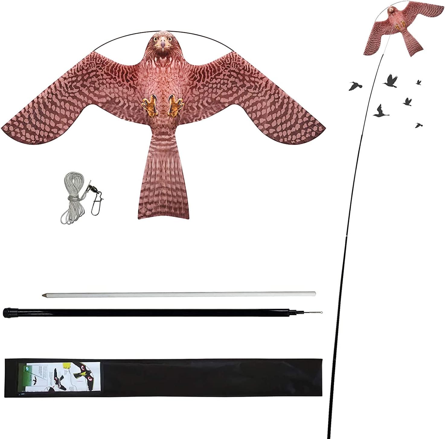 Laptony espantapájaros Cometa voladora Cultivos Protector de Aves halcón Cometa voladora para el jardín y la Granja Cometa con Poste telescópico de 4 m