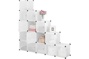 WOLTU Étagère Rangement Plastique, Armoire de Rangement Modulable, Meuble Chaussure, Meuble Cube, avec Portes, 15 Casiers, Blanc