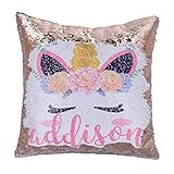 prz0vprz0v - Oreiller à Sequins Personnalisable - Motif Licorne - Réversible - Cadeau pour Filles - 40,6 x 40,6 cm