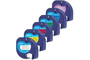 DOREE Pack da 6 LetraTag colorati 12267, 91201, 91202, 91203, 91204, 91205, compatibili con nastri Dymo LetraTag 12 mm x 4 m e dispositivi LT-100H, LT-100T, LT-2000, XR200B, LTQX50.