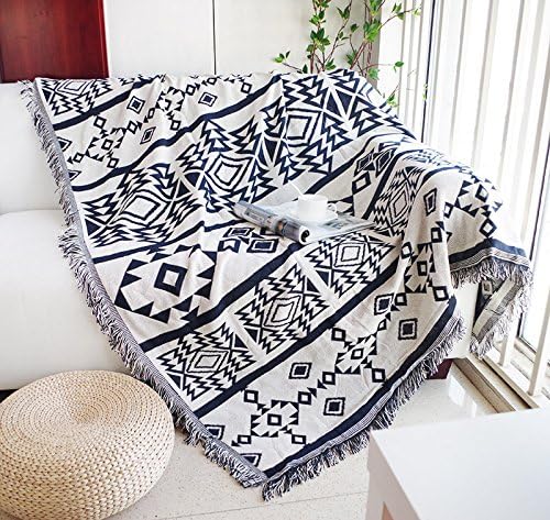 Minimalist Modern Blue Mattress Sofa Cushion Single, Double, Three Person Combination Sofa Towel Line Blanket Northern Europe Fashion,Deep Blue Rice And White Geometry,130*180Cm