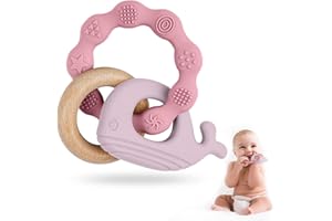 Vicloon Beißring Baby, Beißspielzeug Zahnungshilfe aus Silikon & Holz, BPA-frei, Waltierform, Zahnen Nursing Zubehör für ab 3 Monaten Babys, Mädchen Junge Geschenk (Wal-Rosa)
