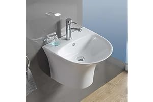 ROBANMOA Bathroom Wall Hung Ceramic Sink With Semi Pedestal - Single Tap Hole Overflow Vessel, Modern Curved Deep Washbowl 480x460mm
