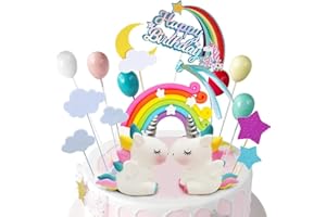 iZoeL Adorno Tarta Unicornio Happy Birthday Banderines Globos Arcoiris Estrella Cake Topper Decorar Tartas Infantiles Niñas