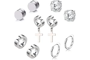 Fu You 5 Paare Set Edelstahl Silber Fake Ohrringe Magnet für Herren Damen, Ohrringe Kreuz Herren, Zirkonia Ohrringe Diamant Herren, Ohrringe Clips Creolen Non-Piercing Ohne Ohrloch Ohrclips Silber