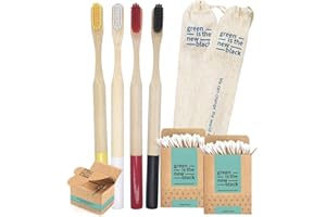 THE WHITE STONE Set Spazzolino Bamboo Anti Muffa 100% Naturale | Spazzolini Legno Bambu Organico, Ecologico e Biodegradabile | Setole Sbiancanti senza BPA | Kit Pulizia denti tartaro | Cotton Fioc, Filo Interdentale