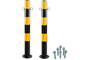 AZATEMGO 2 x Absperrpfosten Schwarz-Gelb Ø76mm H750mm 2 Ösen zum Stahl Robust Standfuß Stabil Park Poller Set Mit Befestigungsschrauben